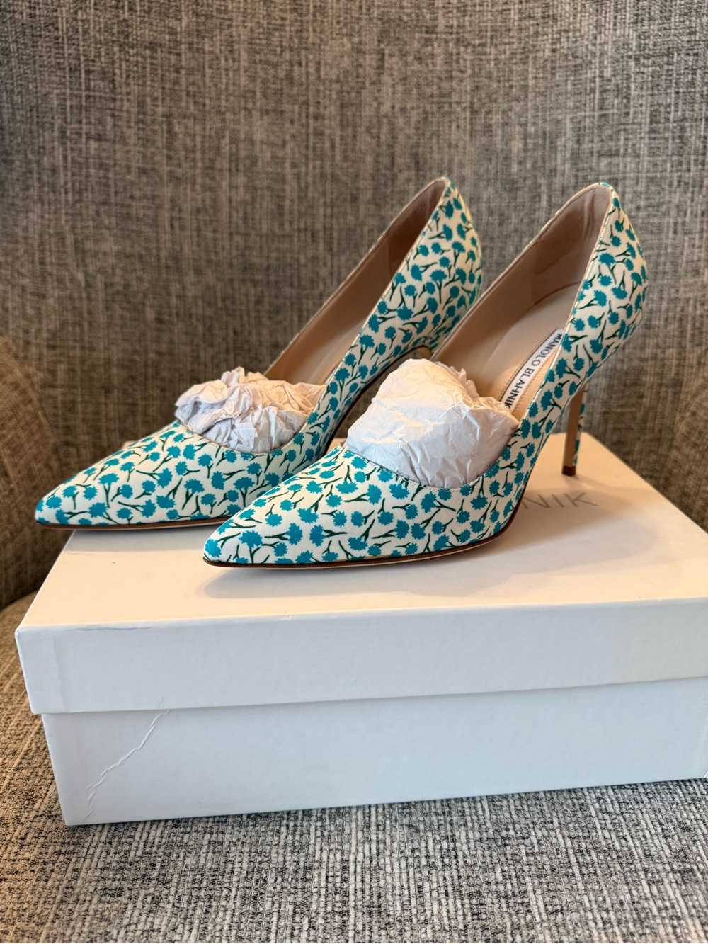 Manolo Blahnik Teal and White Floral Pointed Toe Pumps